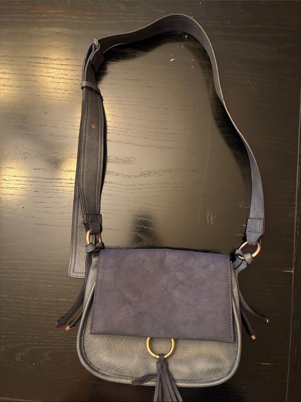 Leather and Suede Navy Crossbody Bag with Tassel